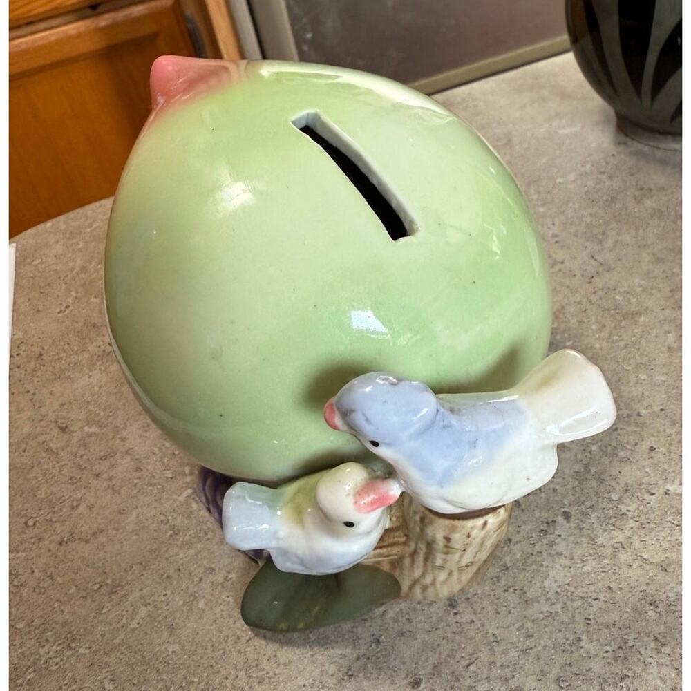SKU3155 Vintage Ceramic Peach Figurine Coin Bank Birds Flowers